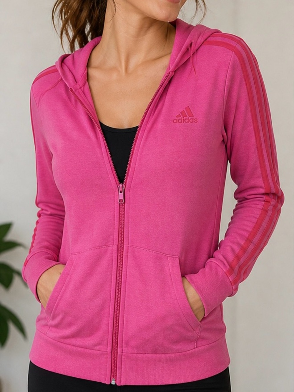 Adidas Women’s Pink Zip Up Hoodie Small 3 Stripe Athletic Sweatshirt Full Zip